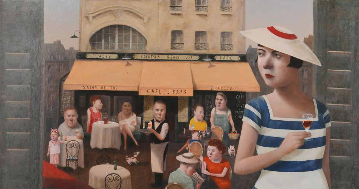 筧本生 油彩『カフェに佇むサングラスをかけた女性』かけいもとなり 1986年 筧本生 油彩『カフェに佇むサングラスをかけた女性』かけいも